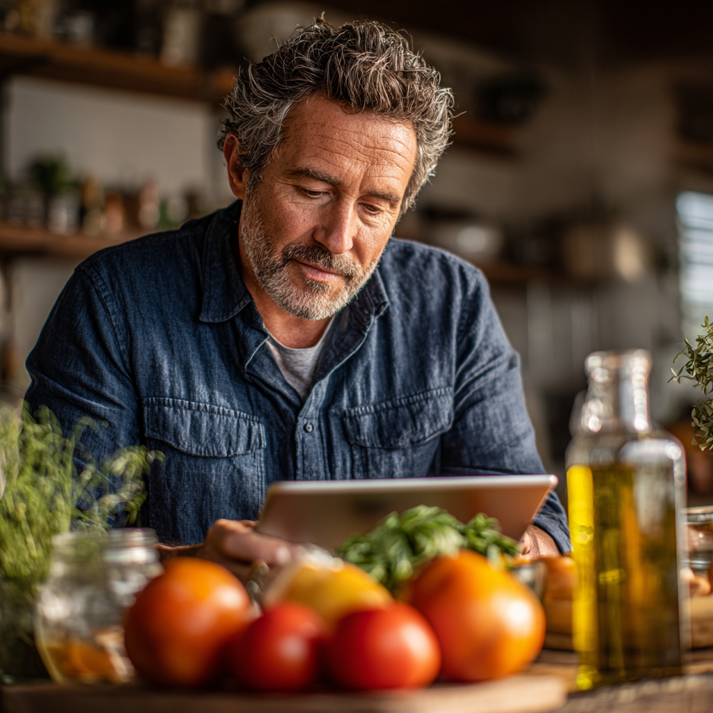 A man in his early 50s with gray temples wearing a casual blue shirt, sitting at a kitchen table with a tablet device showing a meal plan, fresh ingredients like tomatoes, herbs and olive oil arranged nearby, natural daylight coming through window