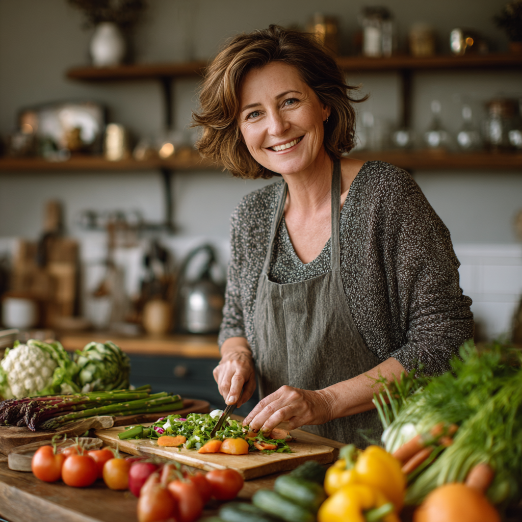 A woman in her late 40s with short brown hair smiling while preparing a colorful healthy salad in a modern bright kitchen, surrounded by fresh vegetables and fruits on a wooden cutting board